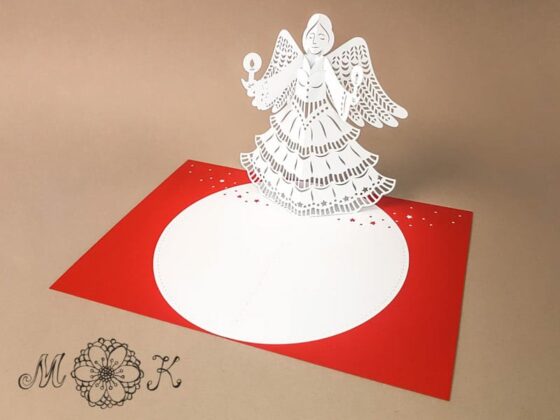 Plotterdatei Weihnachtskarte Engel umgesetzt in rot und weiß (offen)